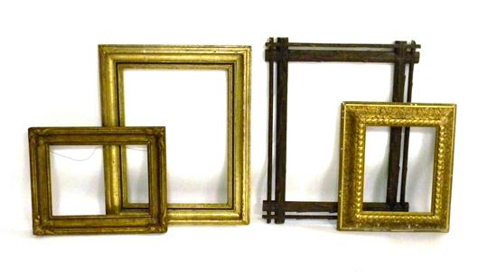 Appraisal: Four frames including German black forest carved wooden frame stick-like