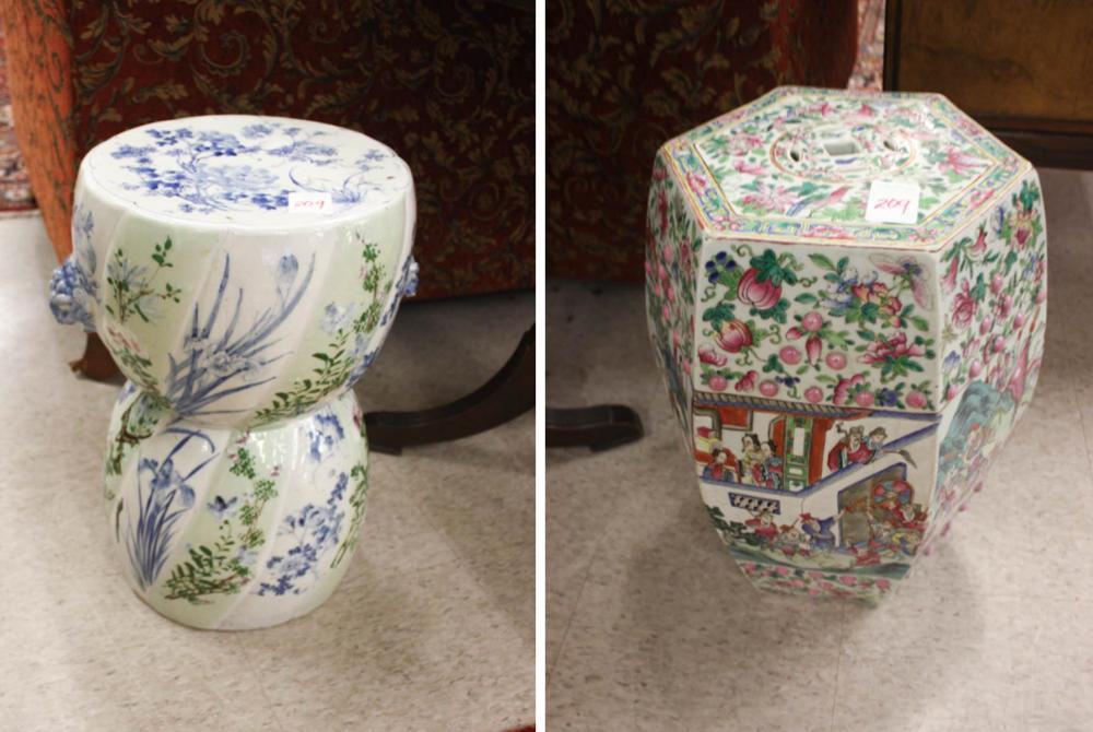 Appraisal: TWO CHINESE PORCELAIN GARDEN STOOLS hexagonal Rose Canton example H