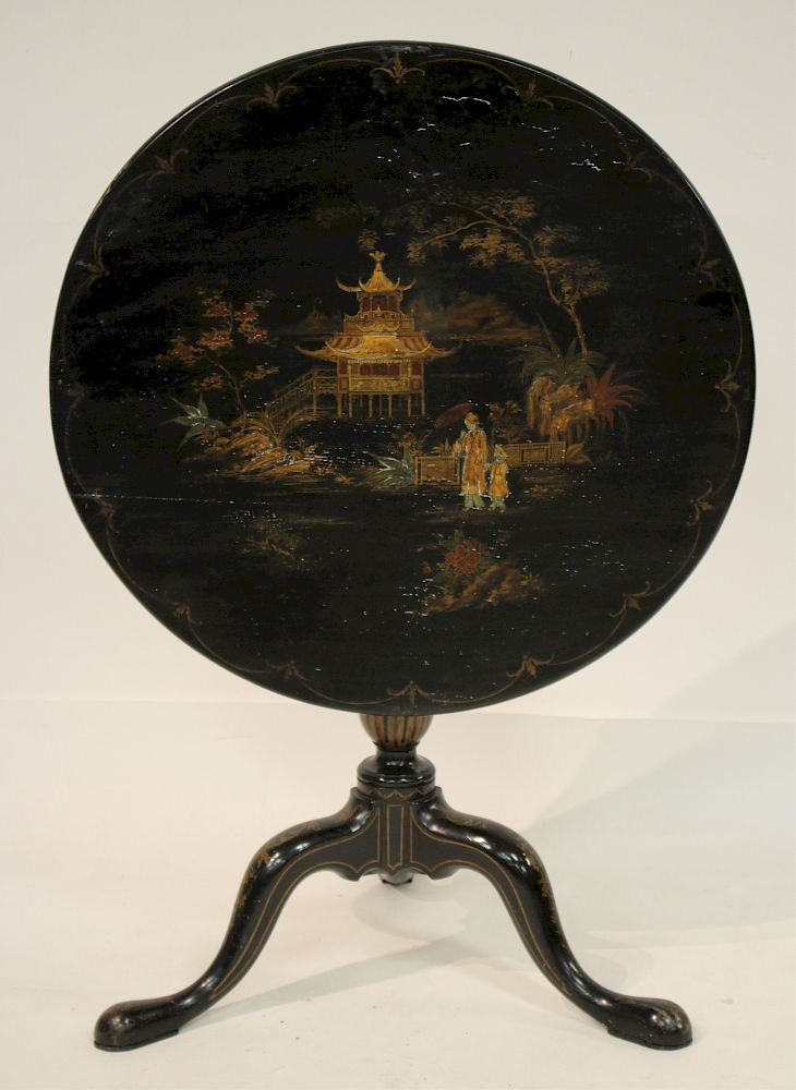 Appraisal: Queen Anne Style Black Lacquered Gilt Table Chinoiserie decorated tilt