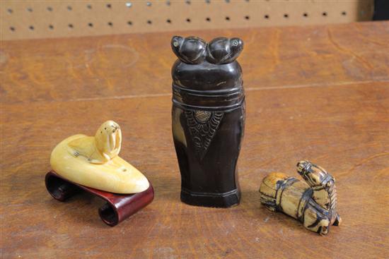 Appraisal: THREE CARVED IVORY AND BONE PIECES - WALRUS HORSE AND