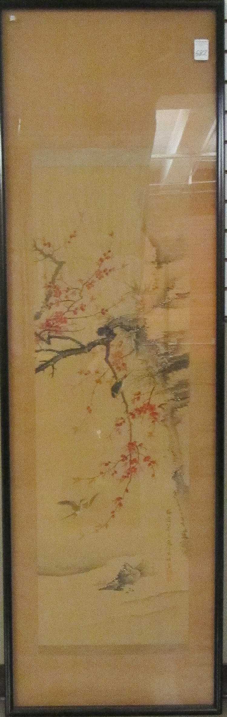 Appraisal: FRAMED JAPANESE SCROLL WATERCOLOR prunus and birds artist signed lower