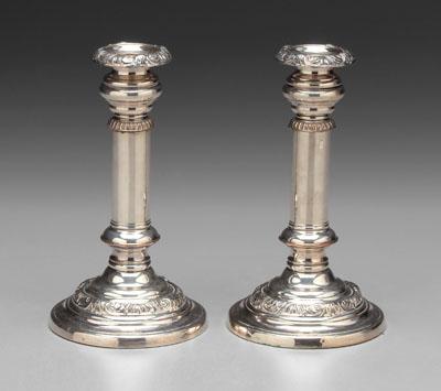 Appraisal: Pair telescoping candlesticks silver-plated with round tapering columns gadroon borders