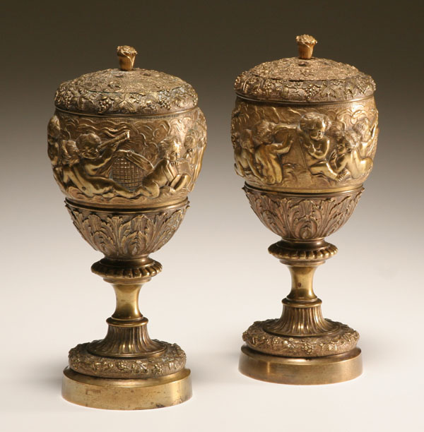 Appraisal: Pair th century Neo-Classical gilt bronze urns cast in relief