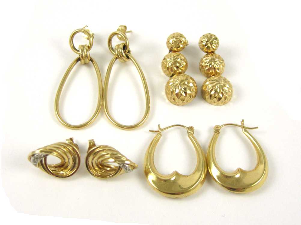 Appraisal: FOUR PAIRS OF FOURTEEN KARAT GOLD EARRINGS each k yellow