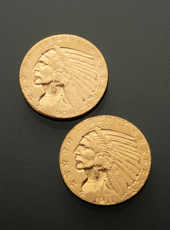 Appraisal: Two U S Indian Head Five-Dollar Gold Coins Dated D