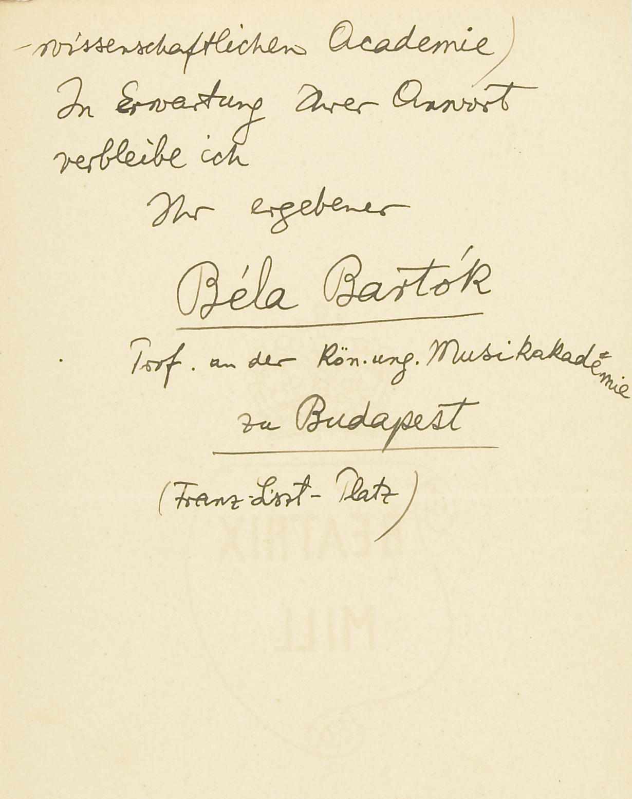 Appraisal: BARTOK BELA Autograph Letter Signed ''Bla Bartok pp rectos only