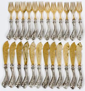 Appraisal: DOLPHIN HANDLE SILVER FISH KNIVES FORKS DOLPHIN HANDLE SILVER FLATWARE