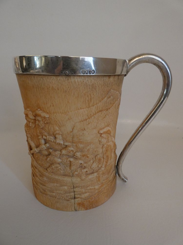 Appraisal: ANTIQUE BONE TANKARD WITH SILVER MOUNTS Rare th century large