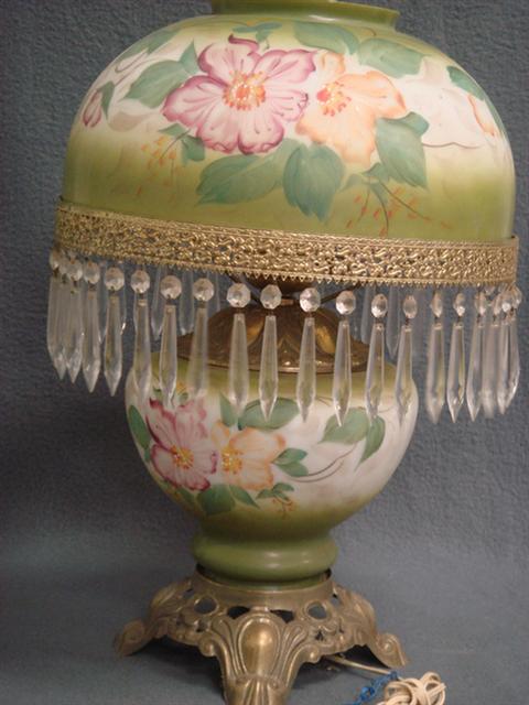 Appraisal: Victorian GWTW style table lamp green florla decoration h Ex