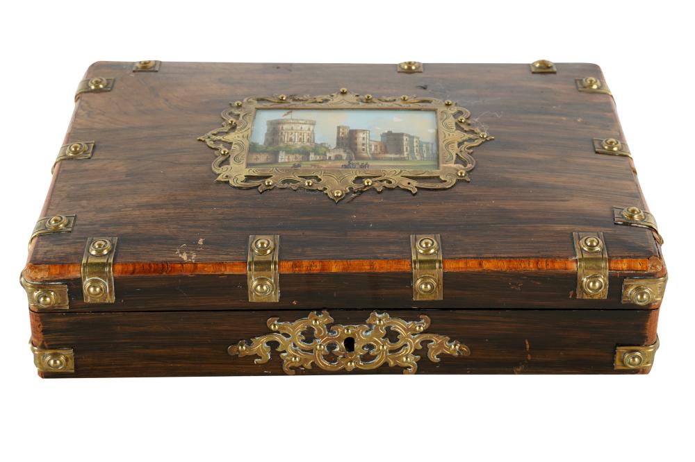 Appraisal: ENGLISH BRASS-MOUNTED EXOTIC WOOD CARD BOXthe hinged lid inset with