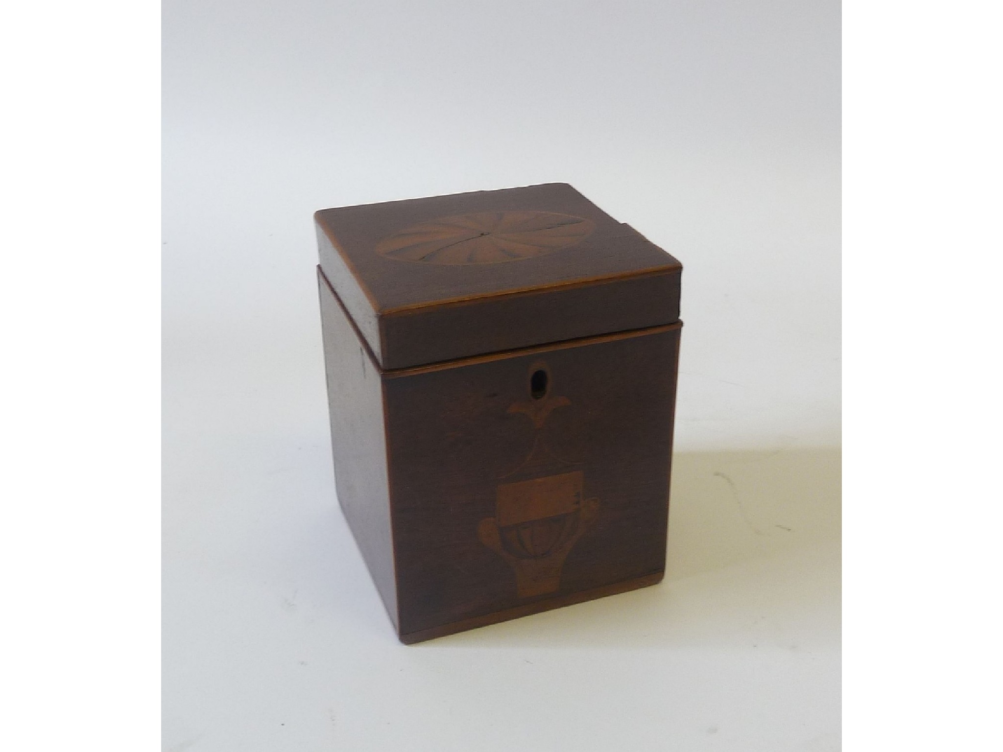 Appraisal: GEORGE III MARQUETRY INLAID AND CROSSBANDED SMALL TEA CADDY cube