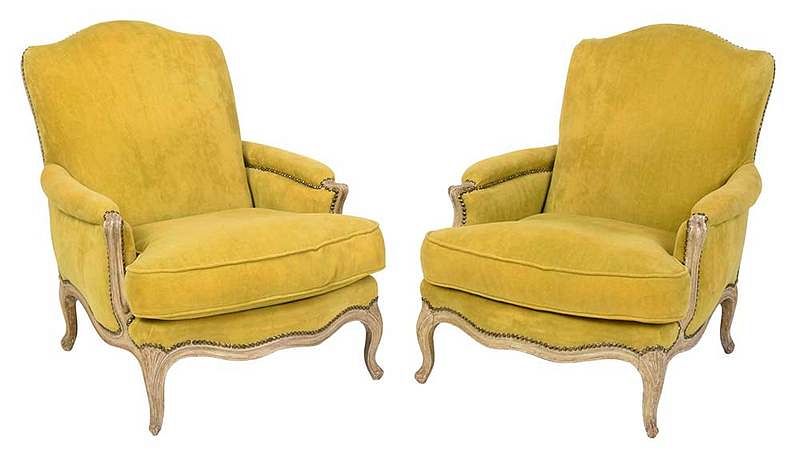 Appraisal: Pair Louis XV Style Velvet Upholstered Bergeres th century carved