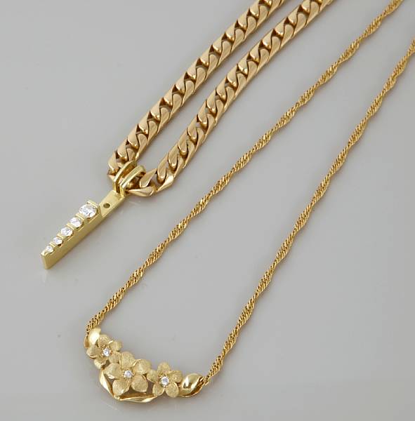 Appraisal: A collection of three gold neck chains and two gold