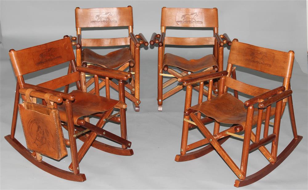 Appraisal: SET OF FOUR VINTAGE WESTERN STYLE WOOD AND LEATHER FOLDING