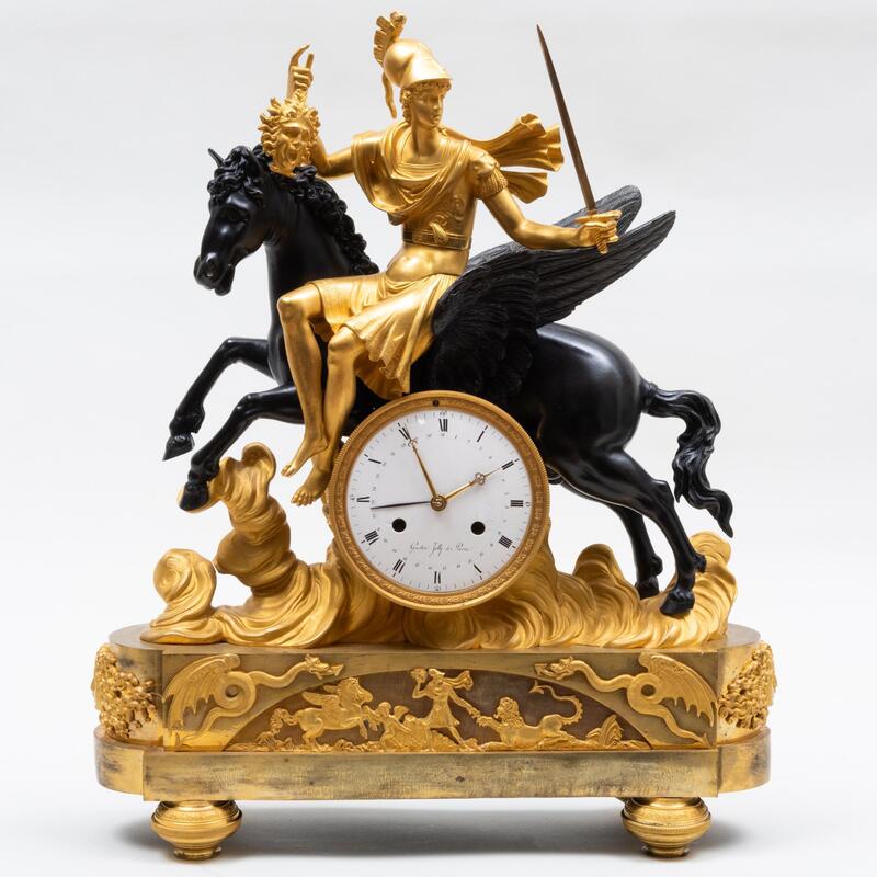 Appraisal: Late Empire Ormolu and Patinated-Bronze Mantel Clock of Perseus Holding