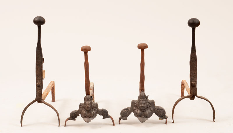 Appraisal: Pair of Baroque Style Cast-Iron Fire Dogs and a Pair