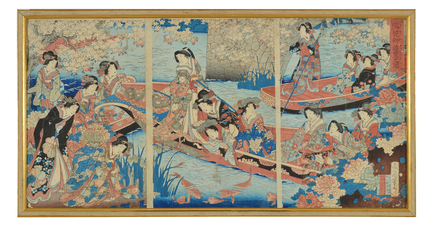 Appraisal: A FRAMED MEIJI PERIOD WOODBLOCK TRIPTYCH GEISHA SCENE