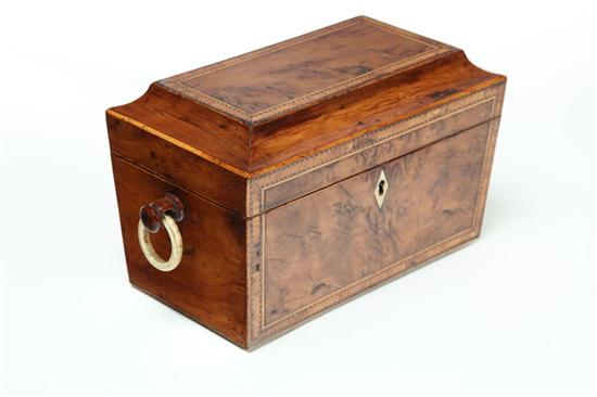 Appraisal: INLAID TEA CADDY England early th century burl veneer Paneled