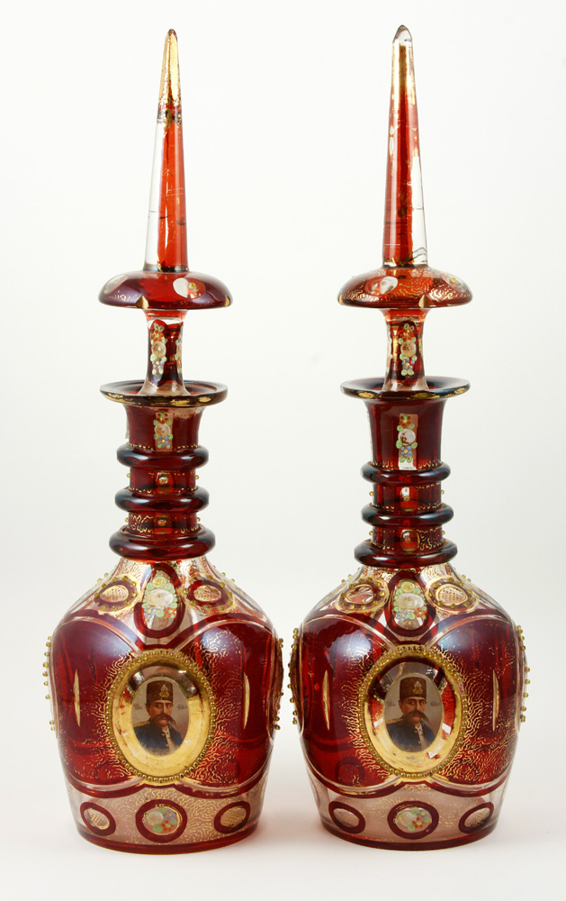 Appraisal: - Pair Bohemian Glass Decanters Pair of Bohemian glass decanters