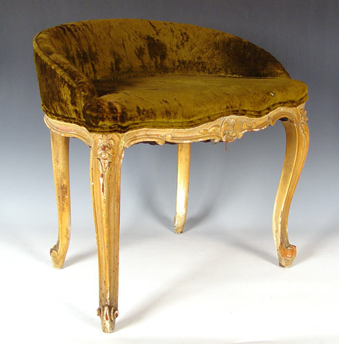 Appraisal: DIMINUTIVE FRENCH VANITY STOOL Distressed painted finish Measures '' high