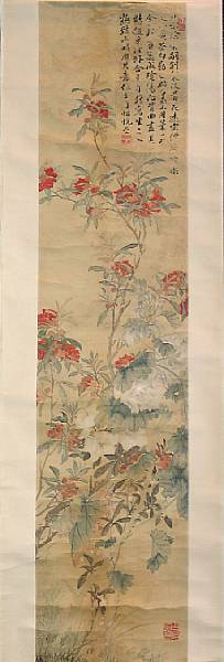 Appraisal: A pair of hanging scrolls Ink and color on silk