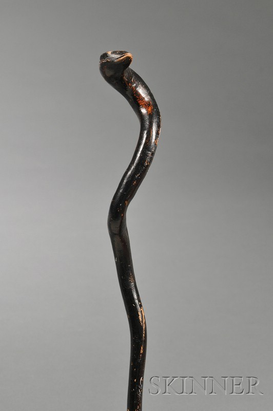 Appraisal: Black-painted Root Snake-form Walking Stick America late th early th