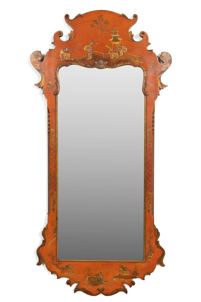 Appraisal: GEORGIAN STYLE ORANGE CHINOISERIE MIRROR Japanned orange-red mirror in the