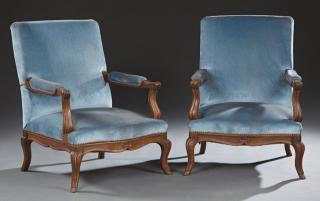 Appraisal: Pair of French Louis XV Style Carved Walnut Fauteu Pair