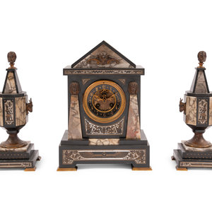 Appraisal: An Egyptian Revival Marble and Patinated Bronze Mantel Clock Garniture