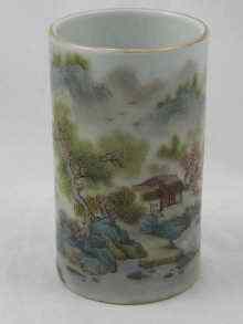 Appraisal: A Chinese ceramic brush pot finely painted with a rural