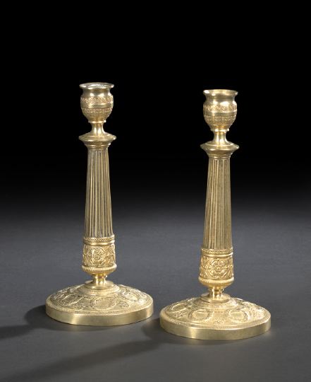 Appraisal: Attractive Pair of Restauration Gilt-Brass Columnar Candlesticks second quarter th