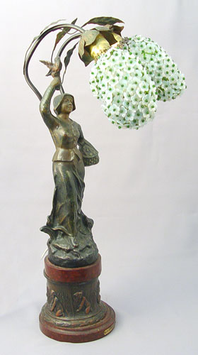 Appraisal: FRENCH ART NOUVEAU FIGURAL LAMP WITH GLASS SHADES Art nouveau