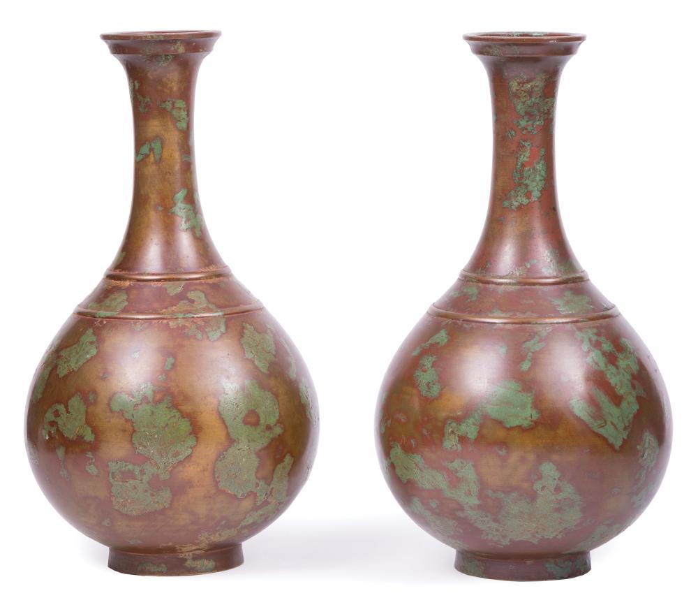 Appraisal: Pair Japanese Art Deco Patinated Bronze Bottle Vases c h