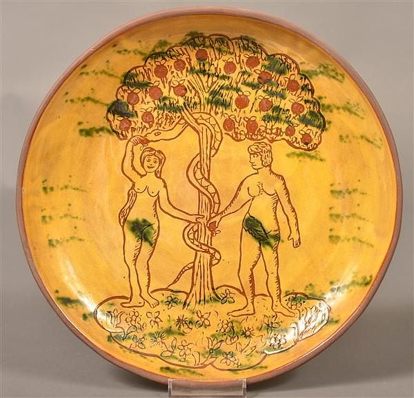 Appraisal: Breininger Pottery Adam Eve Plate Breininger Pottery Adam Eve Sgrafitto