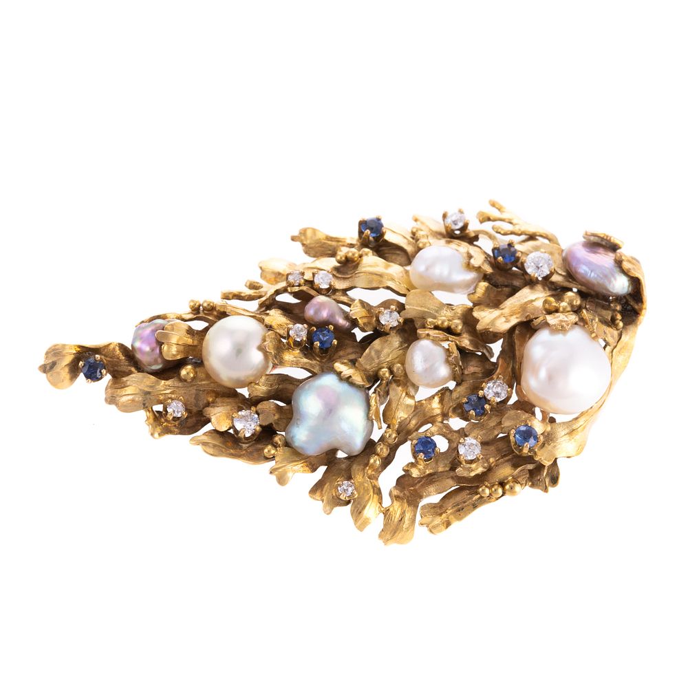 Appraisal: A Pearl Diamond Sapphire Pin by Potter Mellen K yellow