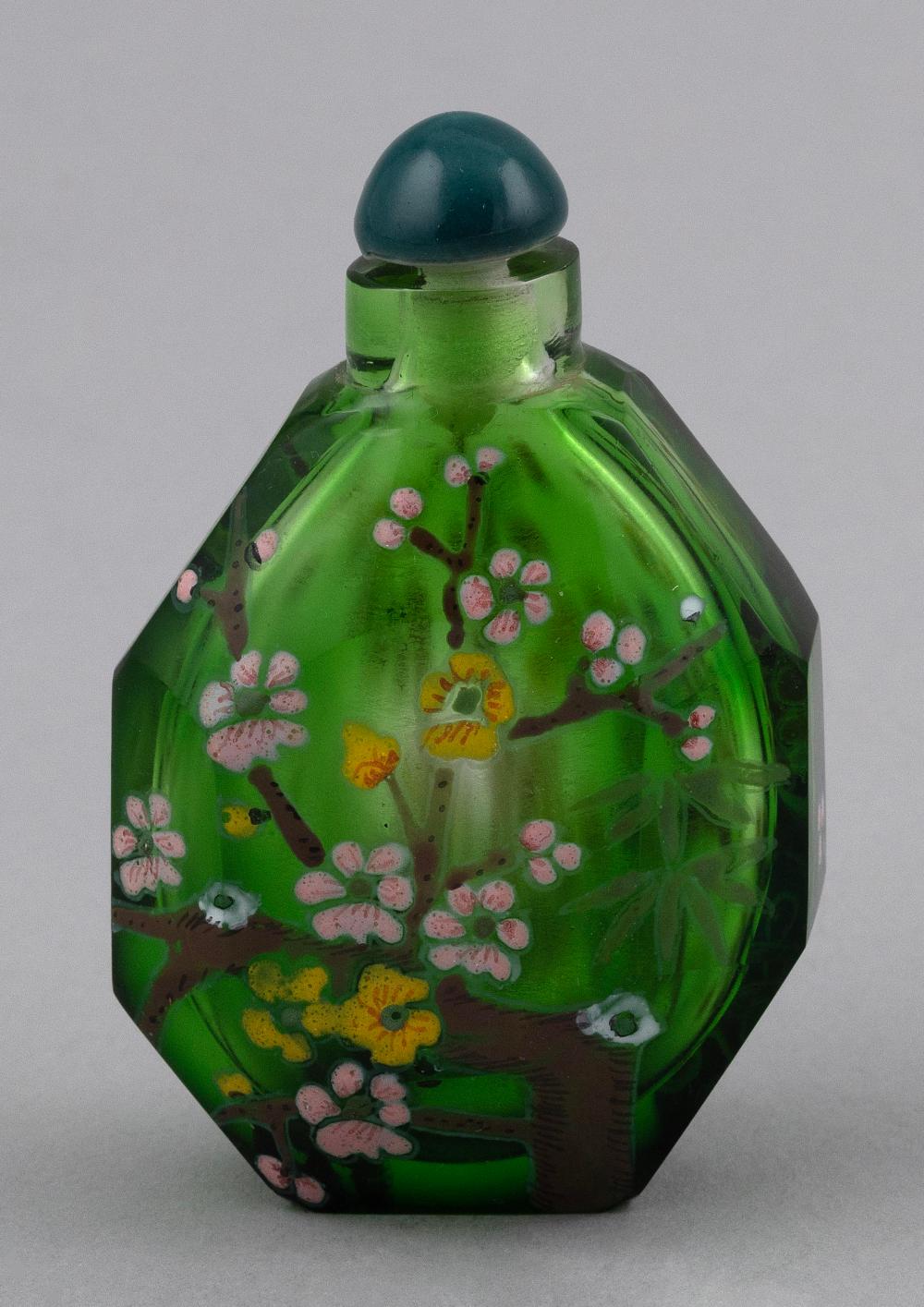 Appraisal: CHINESE ENAMELED GREEN GLASS SNUFF BOTTLE EARLY TH CENTURY HEIGHT