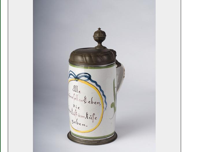 Appraisal: GERMAN FAIENCE POLYCHROME PEWTER-MOUNTED TANKARD LATE EIGHTEENTH CENTURY Painted in