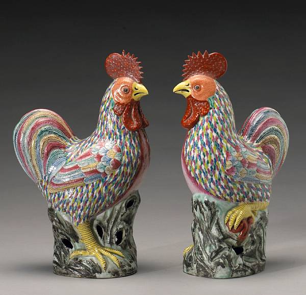 Appraisal: A pair of famille rose enameled porcelain roosters Each fowl