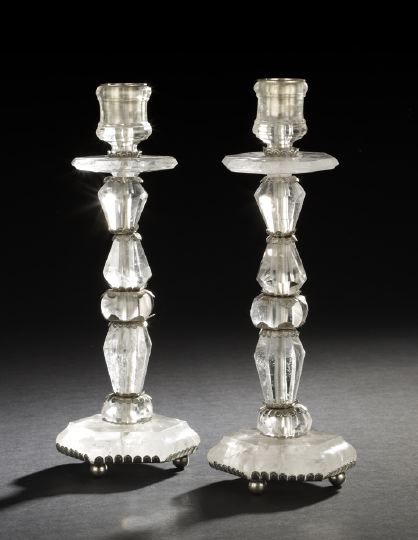 Appraisal: Pair of Italian-Style Silver Alloy-Mounted Rock Crystal Candlesticks in the