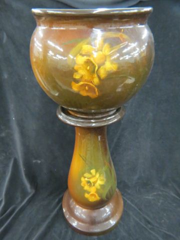 Appraisal: Art Pottery Jardiniere Pedestal Louwelsa type with handpainted morning glory