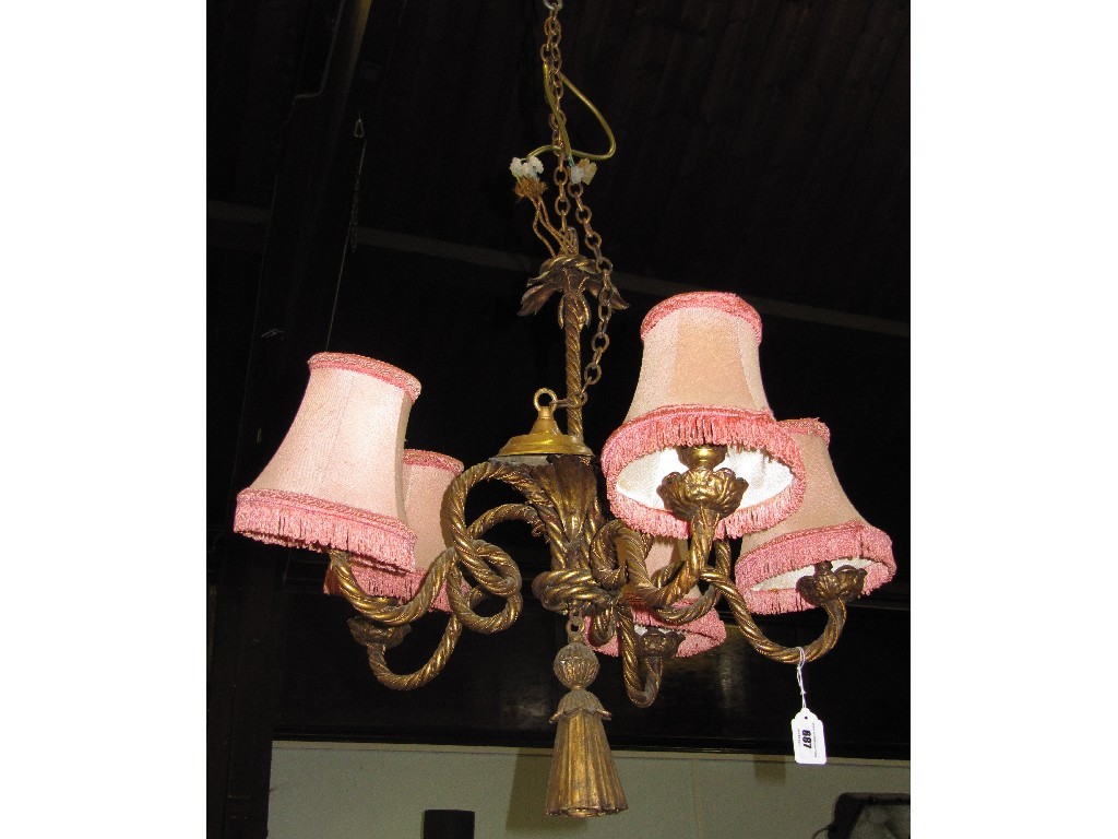 Appraisal: Five branch gilt ropework ceiling light