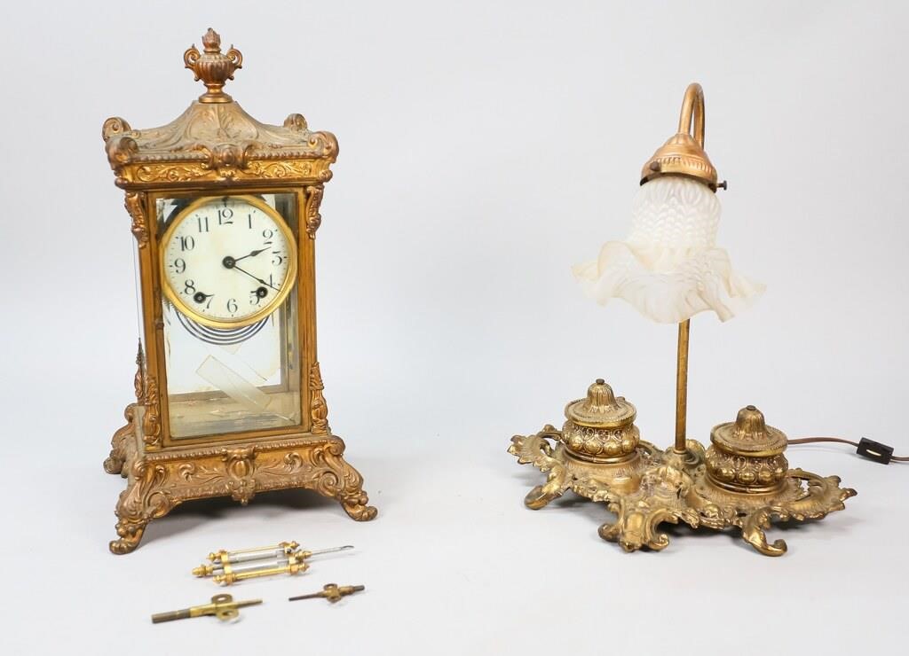 Appraisal: Ansonia gilt metal mantle clock With keys and pendulum L