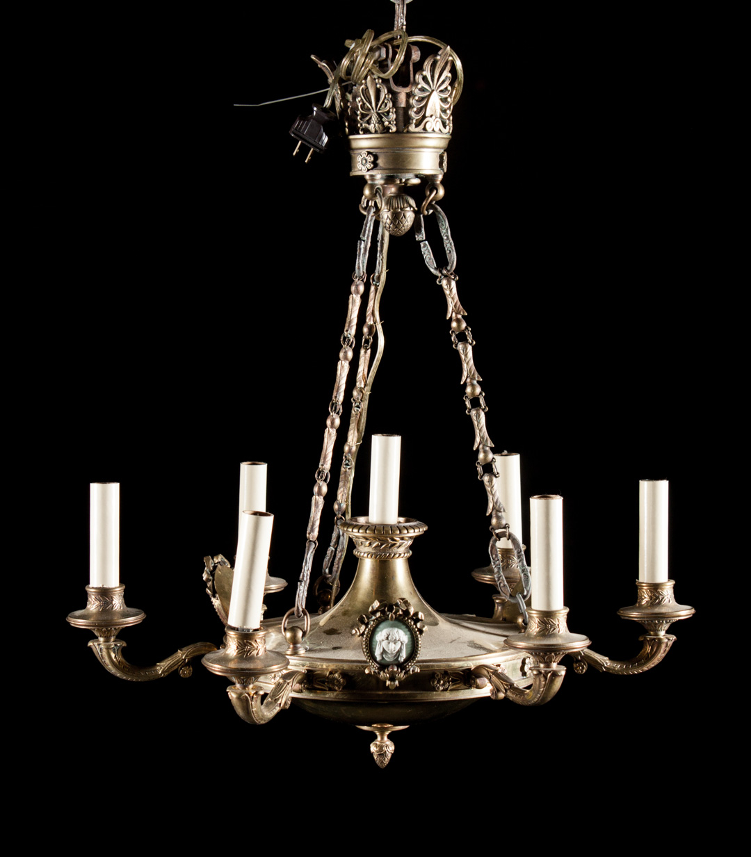 Appraisal: Victorian style brass chandelier seven-light chandelier urn-form body with six