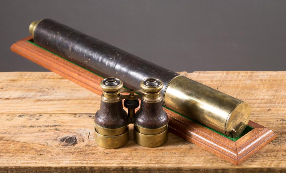 Appraisal: ANTIQUE BRASS SPYGLASS TELESCOPE AND BINOCULARS single draw telescope by