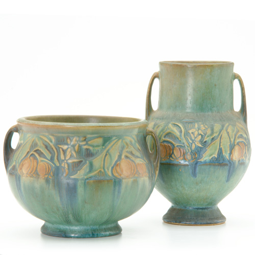 Appraisal: ROSEVILLE Two green Baneda pieces a jardiniere and a footed