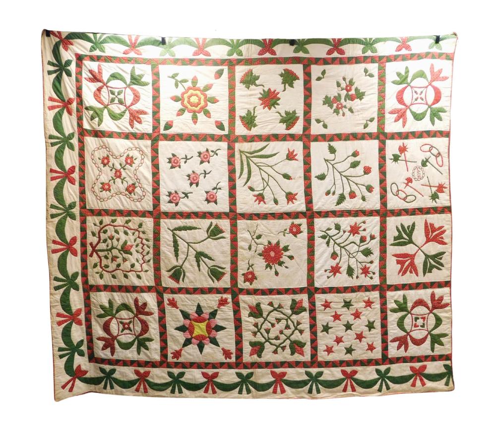 Appraisal: TEXTILE Appliqu album cotton quilt with different blocks mid- th