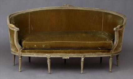 Appraisal: LOUIS XVI CARVED AND GREY-PAINTED CANAPE EN GONDOLE The curved