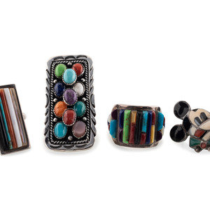 Appraisal: Navajo and Zuni Silver and Colorfully Inlaid Rings second half