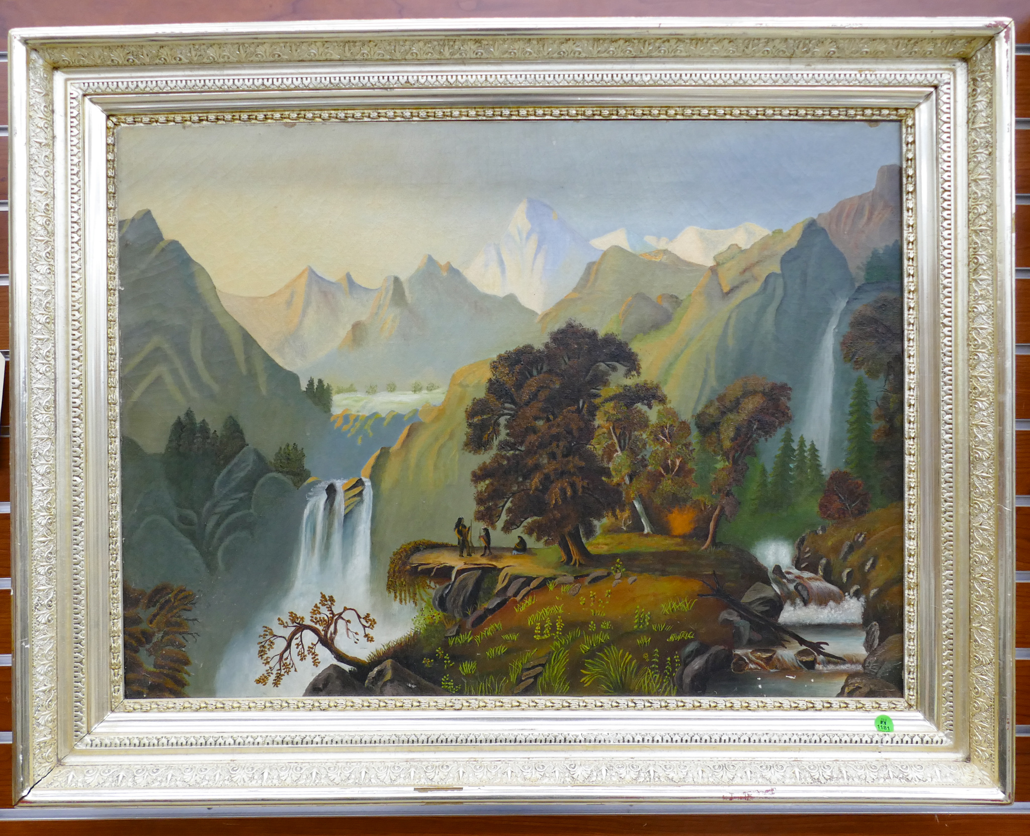 Appraisal: Antique American Landscape with Waterfall Oil on Canvas Gilt Framed