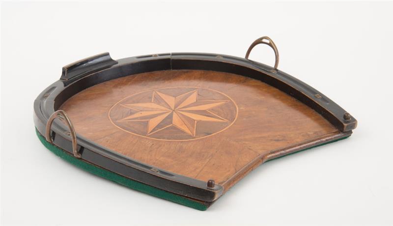 Appraisal: ENGLISH INLAID MAHOGANY HORSESHOE-FORM TRAY The quarter-veneered surface with stellate